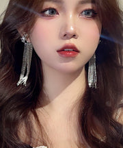 New Silk Copper Zircon Wrinkled C-Shape Double-Layer Tassel Drop Earrings