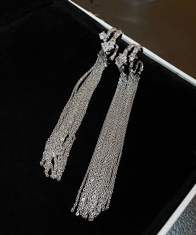 New Silk Copper Zircon Wrinkled C-Shape Double-Layer Tassel Drop Earrings