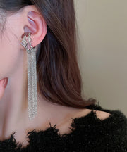 New Silk Copper Zircon Wrinkled C-Shape Double-Layer Tassel Drop Earrings