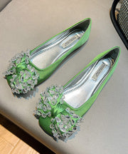 New Splicing Flat Shoes For Women Green Satin Bow Zircon