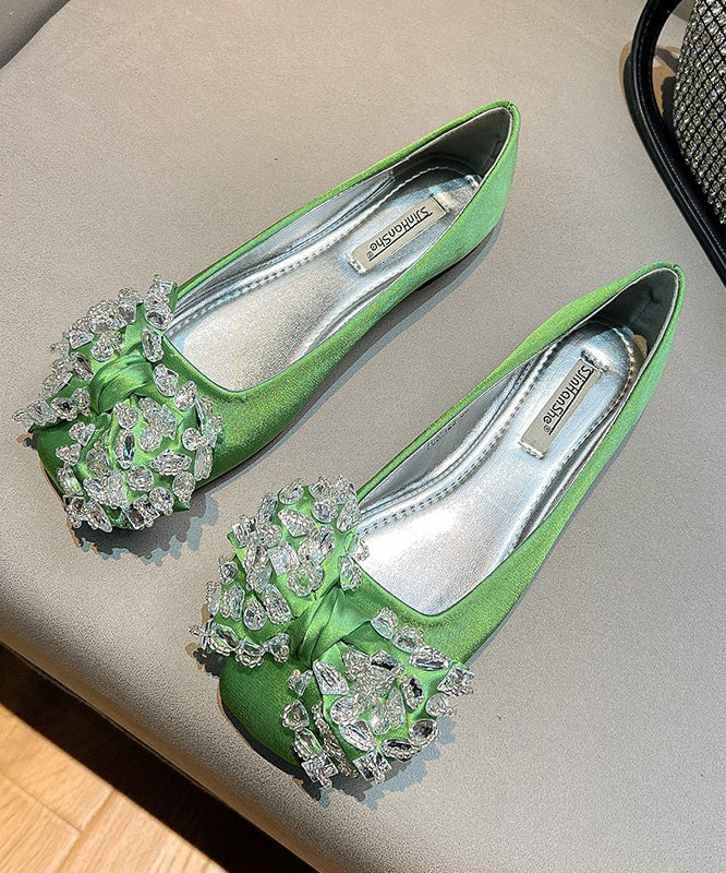 New Splicing Flat Shoes For Women Green Satin Bow Zircon