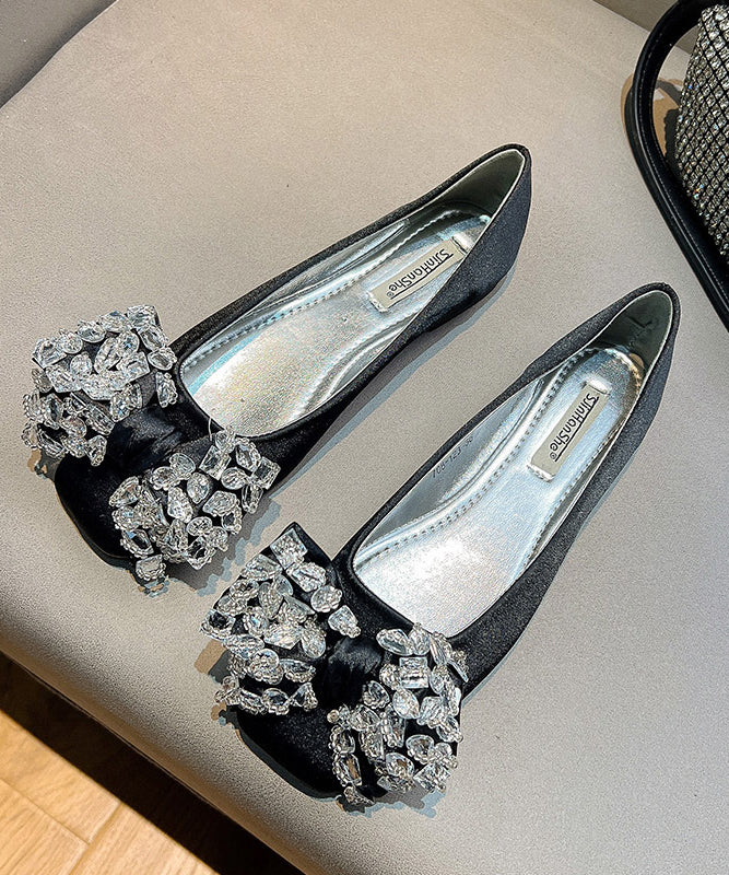 New Splicing Flat Shoes For Women Green Satin Bow Zircon