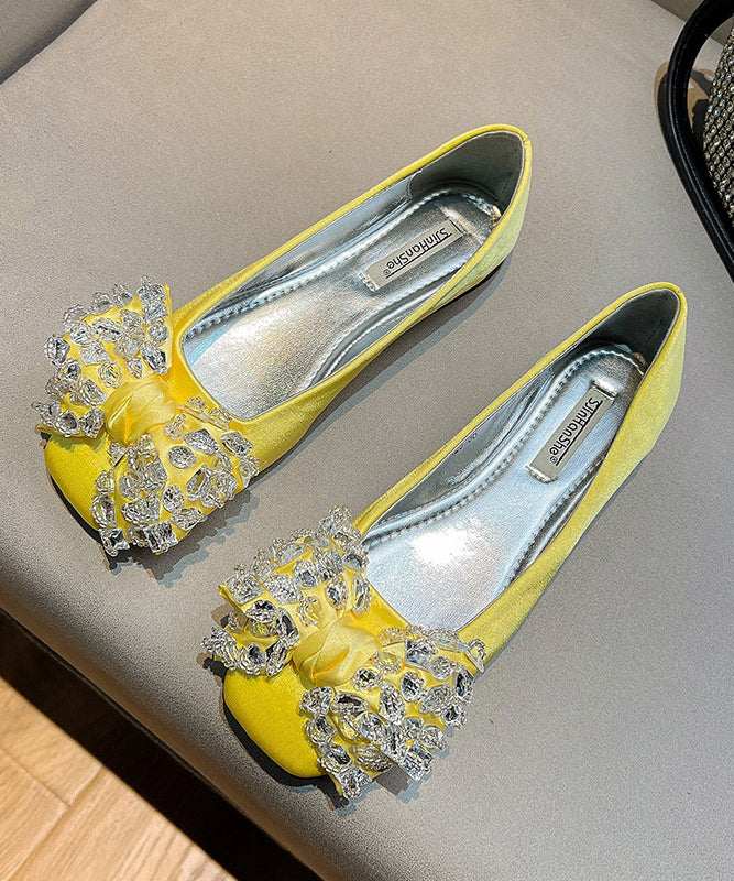 New Splicing Flat Shoes For Women Green Satin Bow Zircon