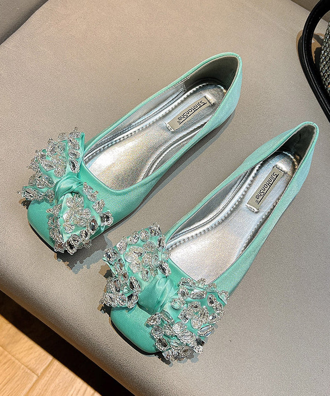 New Splicing Flat Shoes For Women Green Satin Bow Zircon
