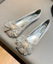 New Splicing Flat Shoes For Women Green Satin Bow Zircon