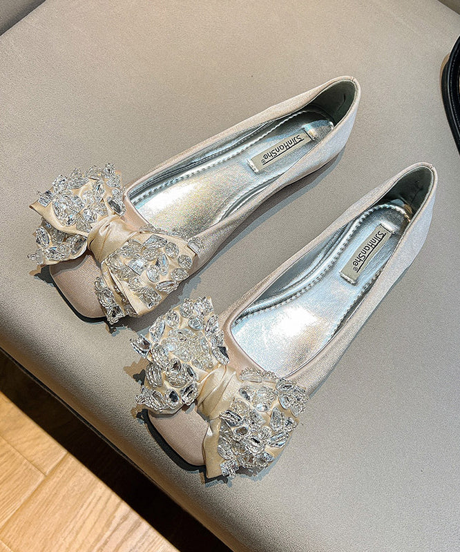 New Splicing Flat Shoes For Women Green Satin Bow Zircon