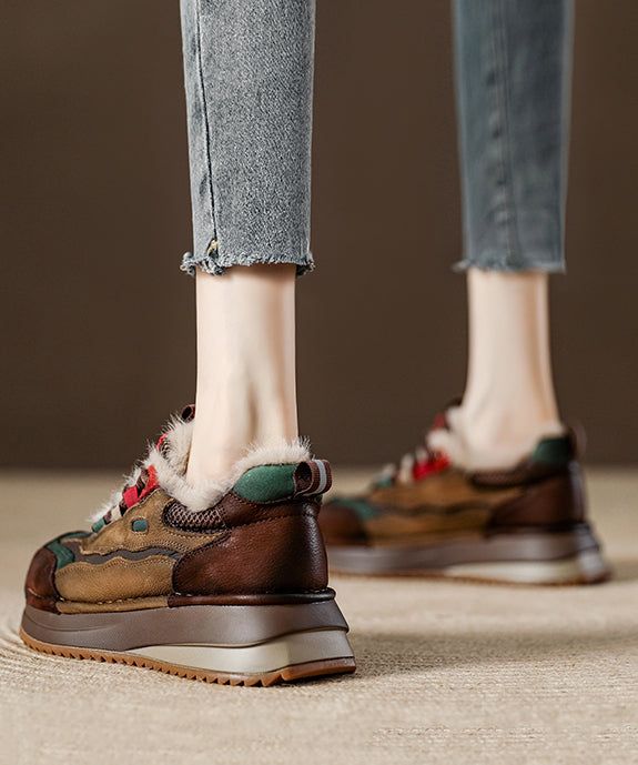 New Splicing Platform Flat Feet Shoes Red Faux Leather Fuzzy Wool Lined