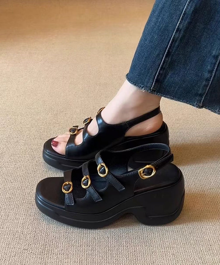 New Splicing Platform Sandals Black Faux Leather Peep Toe