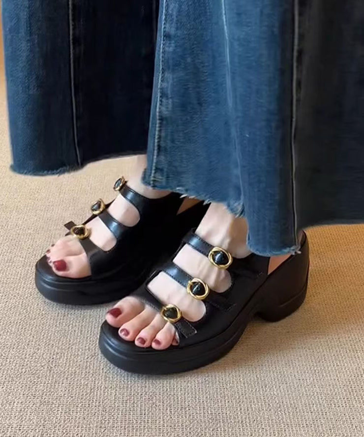 New Splicing Platform Sandals Black Faux Leather Peep Toe