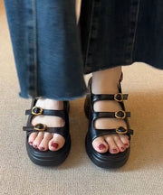 New Splicing Platform Sandals Black Faux Leather Peep Toe