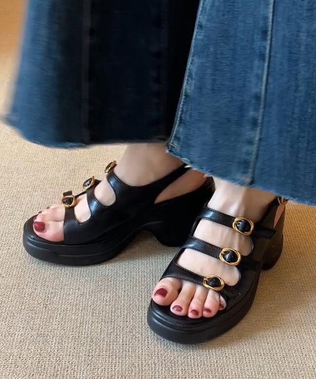 New Splicing Platform Sandals Black Faux Leather Peep Toe