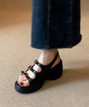 New Splicing Platform Sandals Black Faux Leather Peep Toe