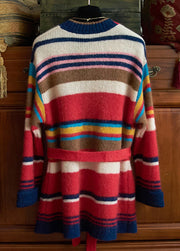 New Striped Tie Waist Pockets Patchwork Knit Cardigan Fall