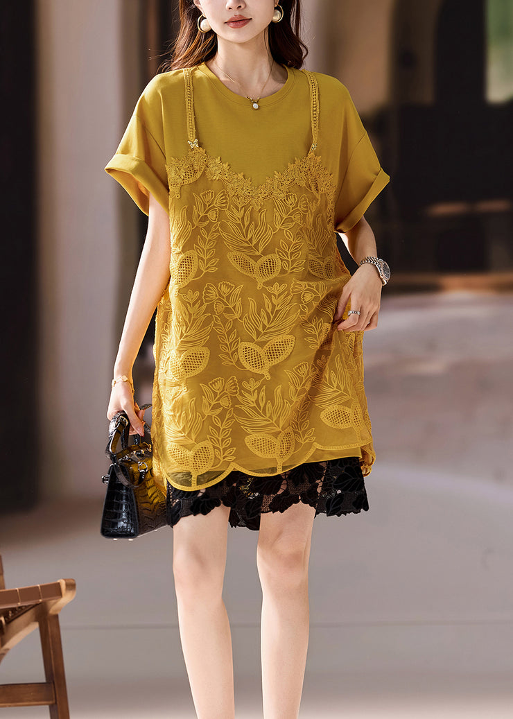 New Style White Organza Patchwork Embroidered T-Shirt Summer