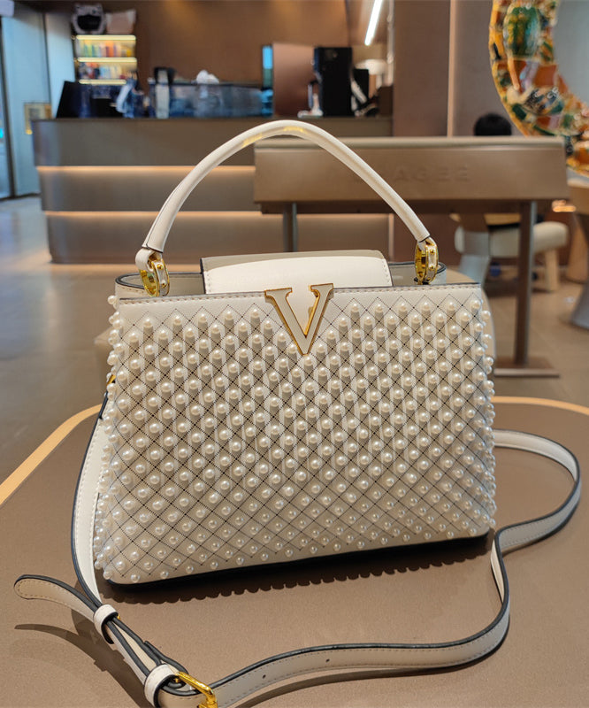 New Stylish White Nail Bead Calf Leather Tote Handbag