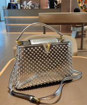 New Stylish White Nail Bead Calf Leather Tote Handbag