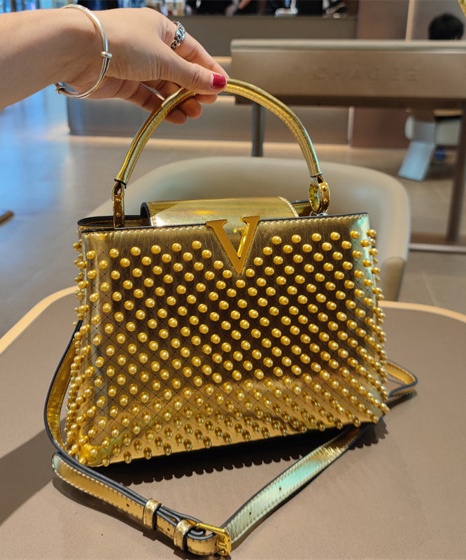 New Stylish White Nail Bead Calf Leather Tote Handbag