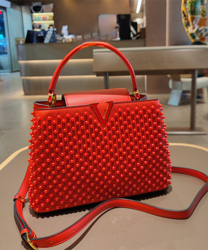 New Stylish White Nail Bead Calf Leather Tote Handbag