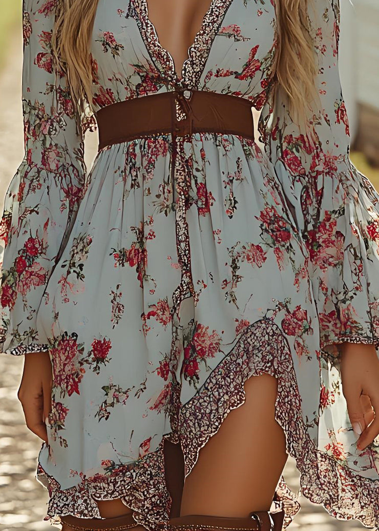 New V Neck Asymmetrical Design Print Cotton Mid Dress Spring