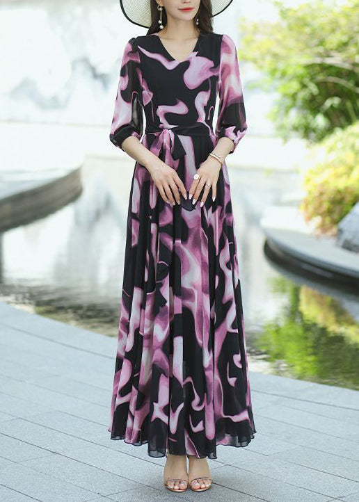 New V Neck Print Lace Up Chiffon Long Dress Summer