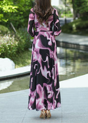New V Neck Print Lace Up Chiffon Long Dress Summer