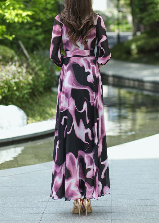 New V Neck Print Lace Up Chiffon Long Dress Summer