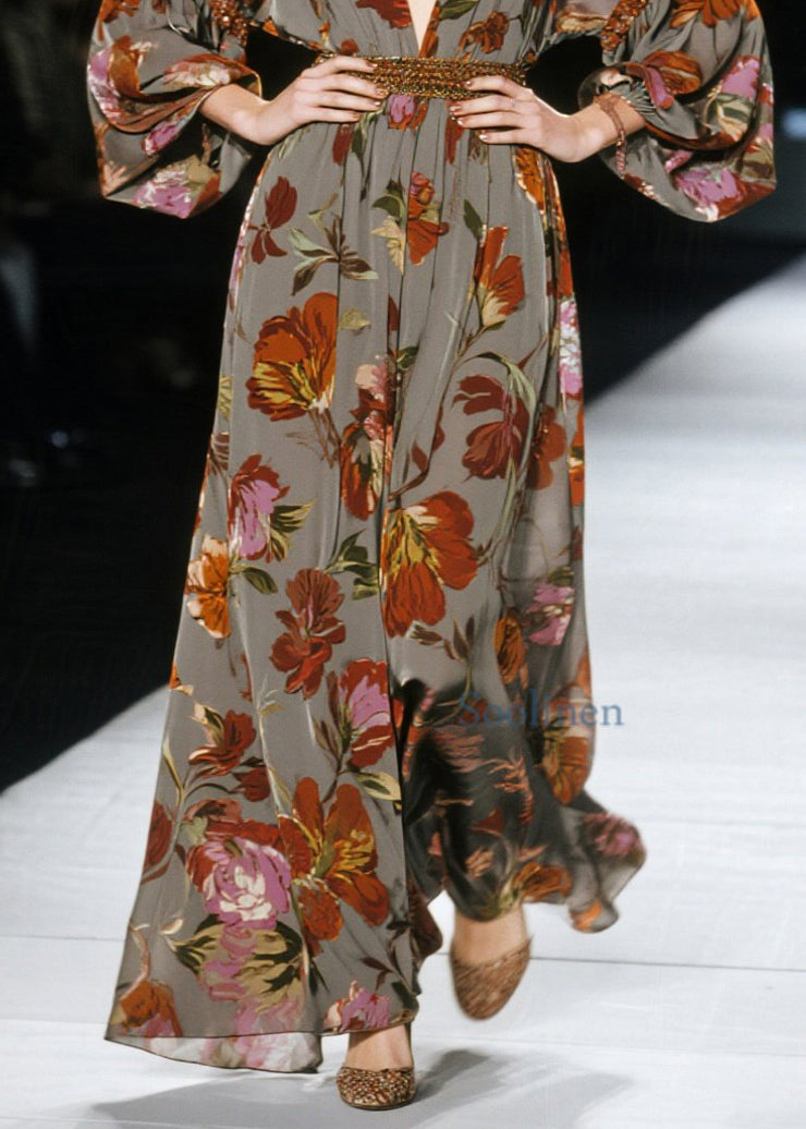 New V Neck Print Plus Size Cotton Long Dress Fall