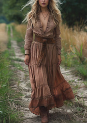 New V Neck Wrinkled Patchwork Cotton Maxi Dresses Spring