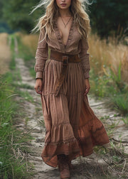 New V Neck Wrinkled Patchwork Cotton Maxi Dresses Spring