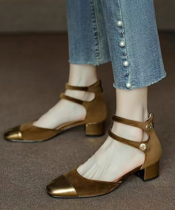 New Velour Splicing Chunky Sandals Champagne Cowhide Leather