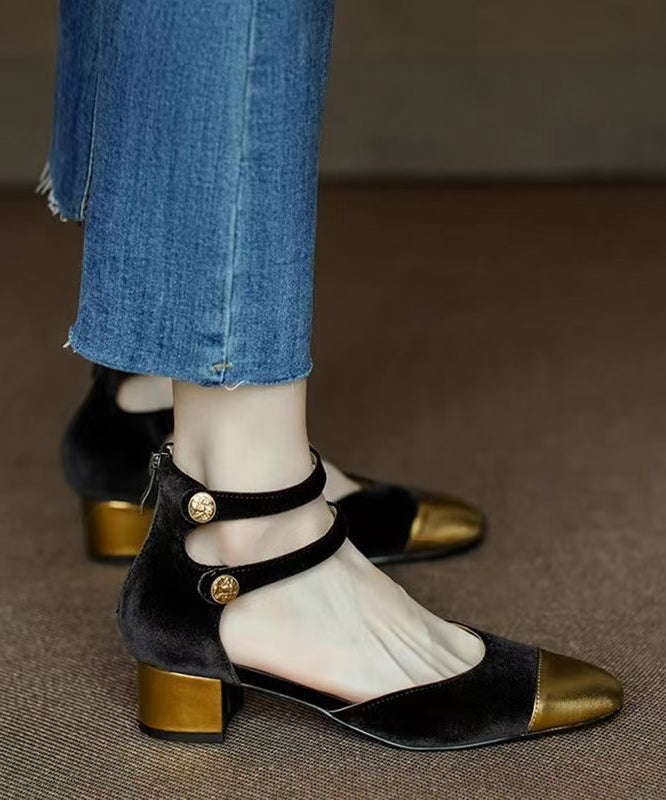 New Velour Splicing Chunky Sandals Champagne Cowhide Leather