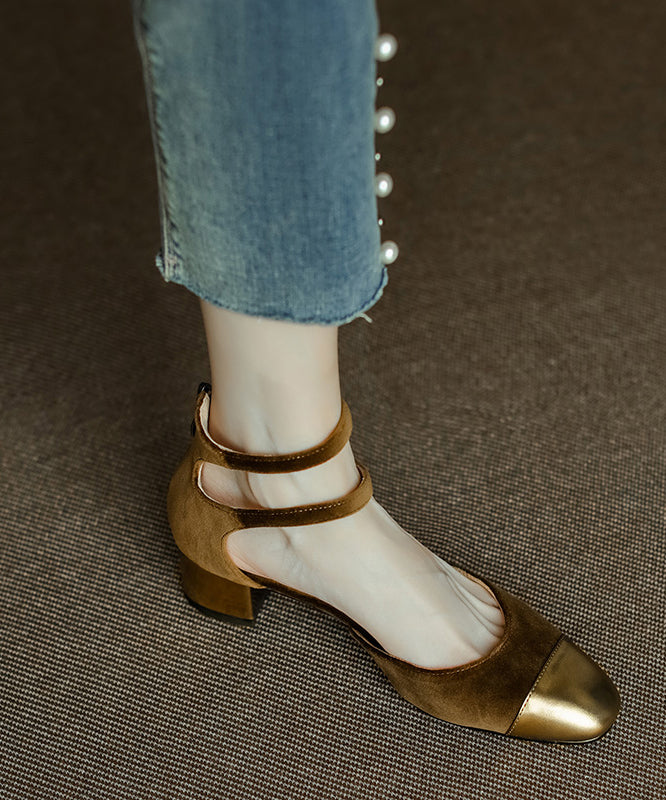 New Velour Splicing Chunky Sandals Champagne Cowhide Leather