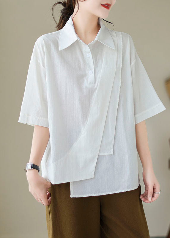 New White Asymmetrical Button Patchwork Cotton Shirt Summer