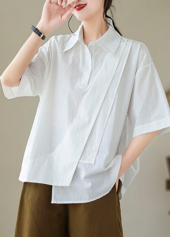 New White Asymmetrical Button Patchwork Cotton Shirt Summer