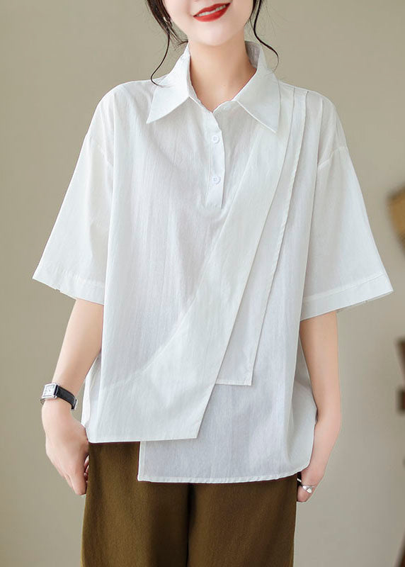 New White Asymmetrical Button Patchwork Cotton Shirt Summer