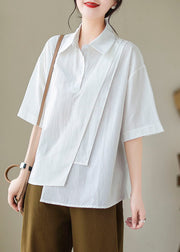 New White Asymmetrical Button Patchwork Cotton Shirt Summer