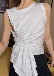 New White Asymmetrical Cinched Cotton Tank Sleeveless