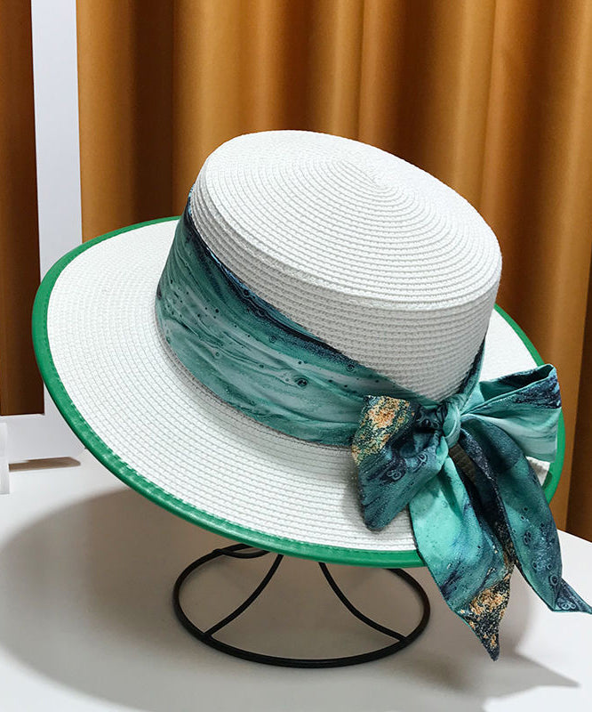 New White Bow Straw Woven Versatile Floppy Sun Hat