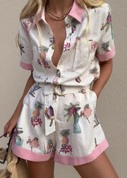 New White Button Print Pockets Linen Shirts Jumpsuits Summer