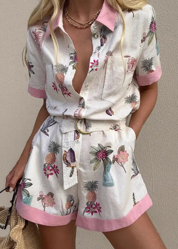 New White Button Print Pockets Linen Shirts Jumpsuits Summer