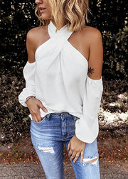 New White Cold Shoulder Patchwork Cotton Shirts Long Sleeve