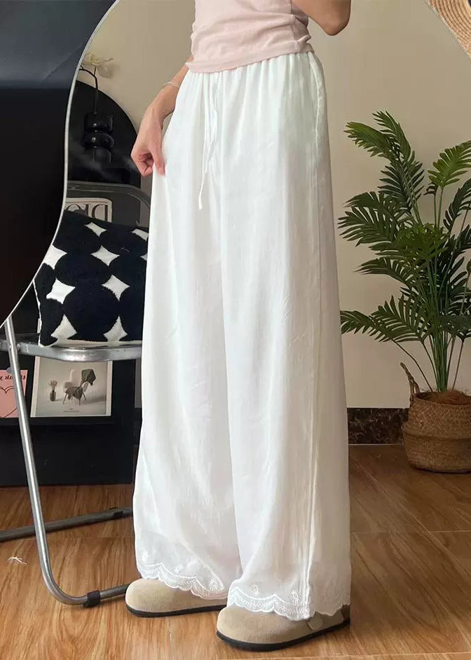 New White Embroidered Elastic Waist Thin Linen Pants Summer