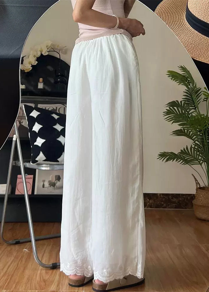New White Embroidered Elastic Waist Thin Linen Pants Summer