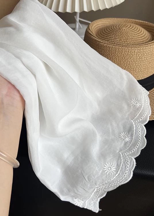 New White Embroidered Elastic Waist Thin Linen Pants Summer