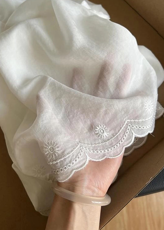 New White Embroidered Elastic Waist Thin Linen Pants Summer