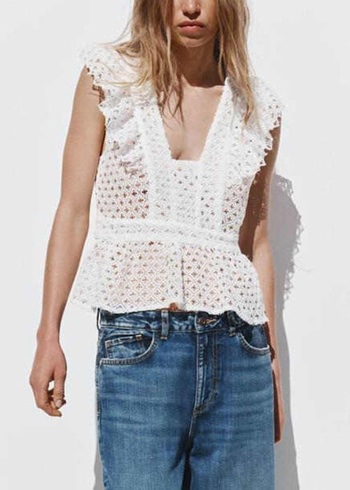 New White Embroidered Hollow Out Cotton Shirt Sleeveless