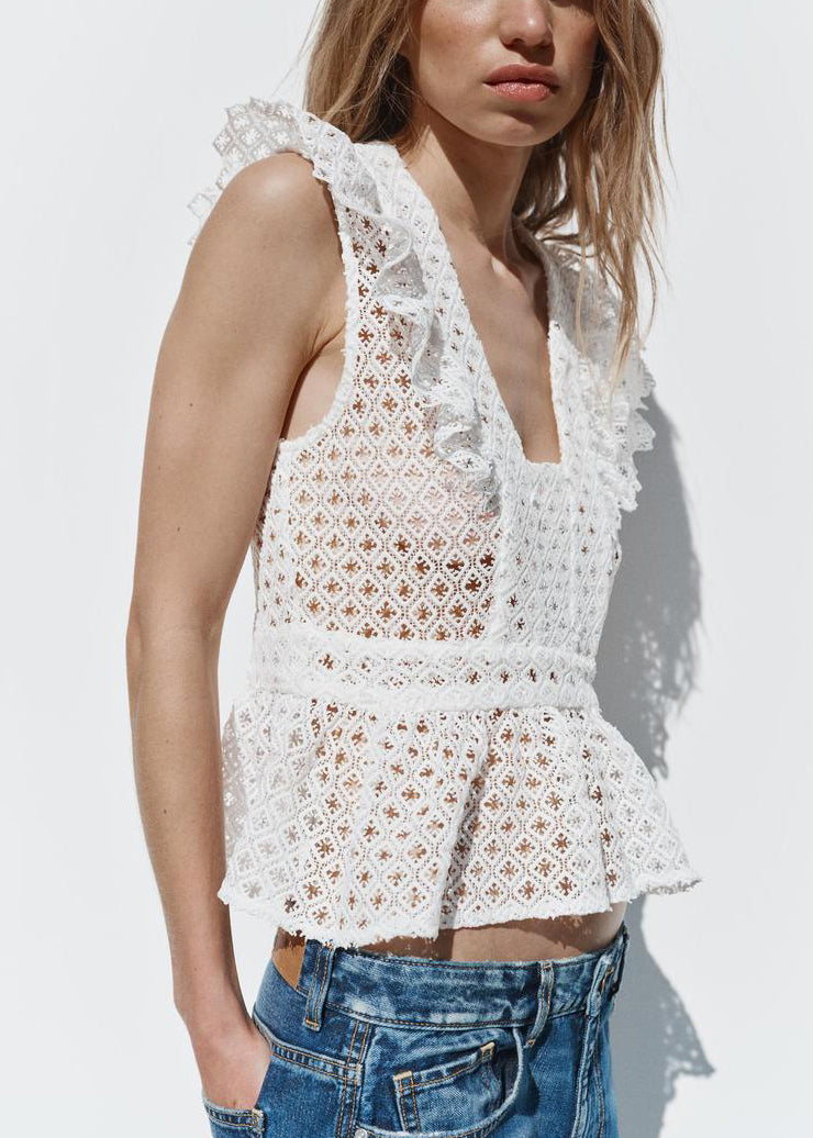 New White Embroidered Hollow Out Cotton Shirt Sleeveless
