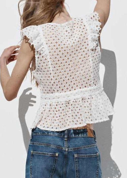 New White Embroidered Hollow Out Cotton Shirt Sleeveless