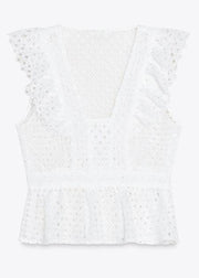 New White Embroidered Hollow Out Cotton Shirt Sleeveless