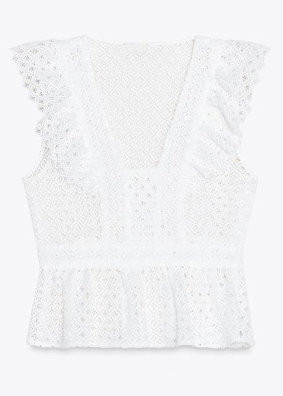 New White Embroidered Hollow Out Cotton Shirt Sleeveless
